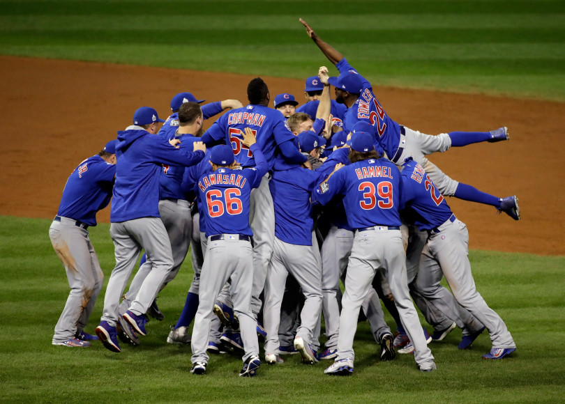 The Chicago Cubs celebrate after Game 7 of the Major League Baseball World Series against the Cleveland Indians Thursday, Nov. 3, 2016, in Cleveland. The Cubs won 8-7 in 10 innings to win the series 4-3. Gene J. Puskar, The Associated Press